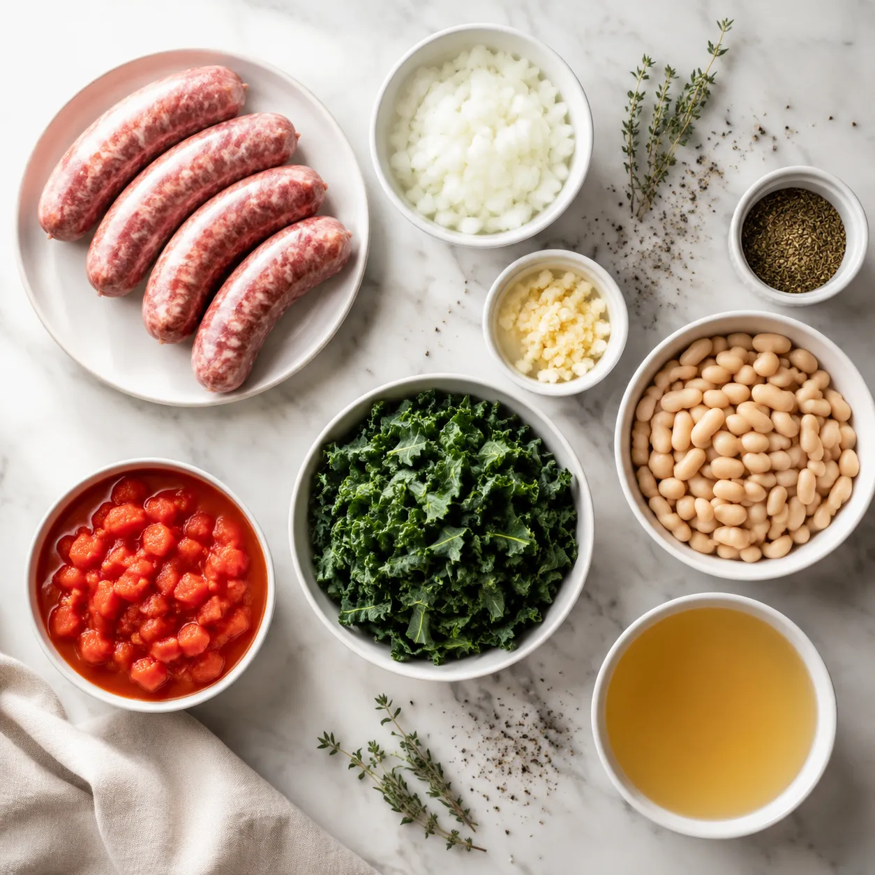Italian sausage recipe ingredients flatlay with kale, beans, and tomatoes.