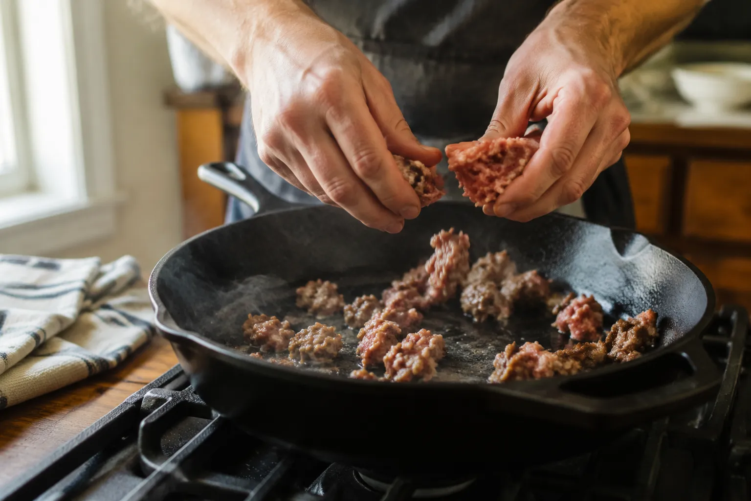 Browning ground Italian sausage in a cast iron skillet.