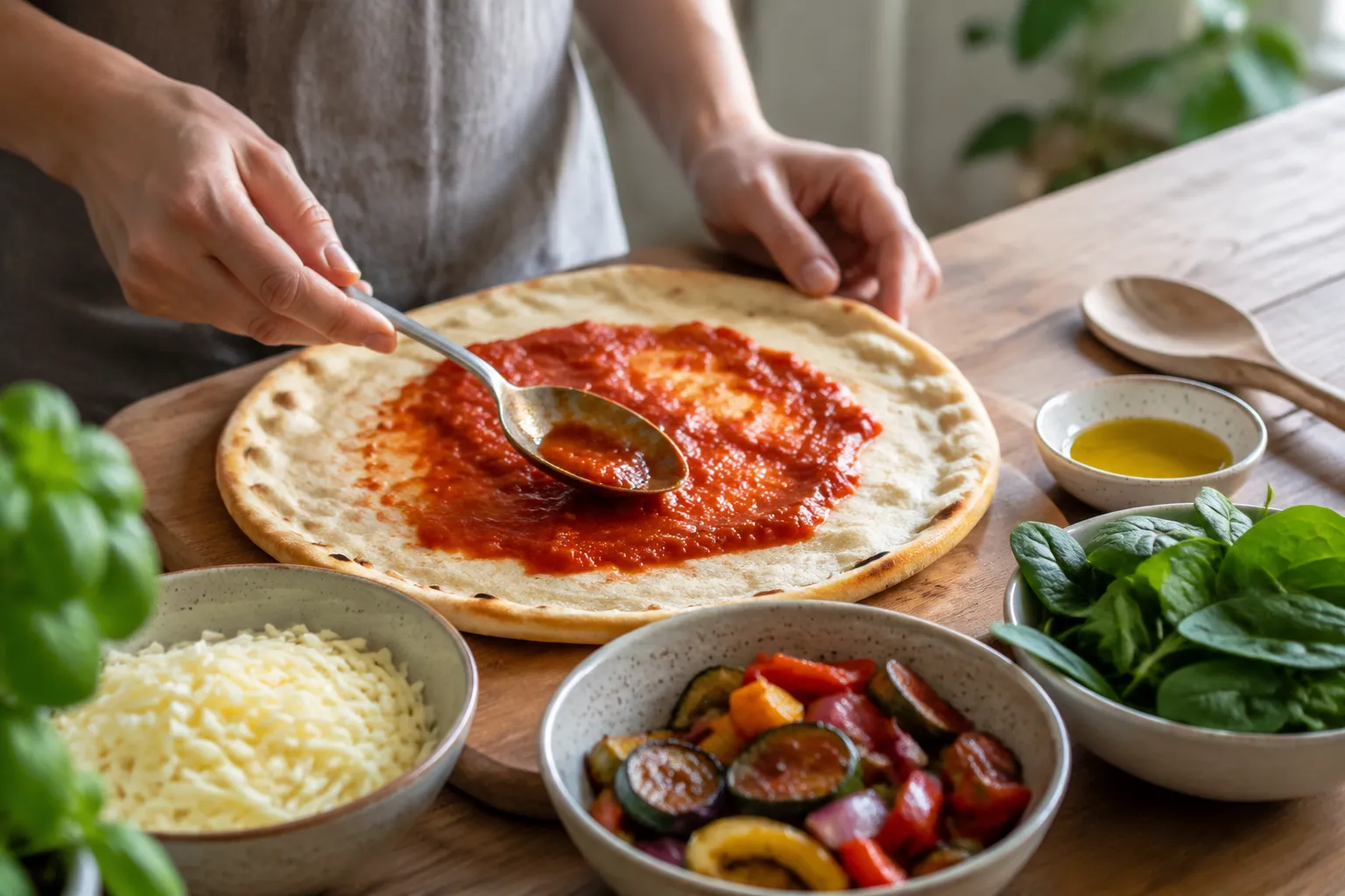 Layering sauce and toppings on a homemade vegetable pizza