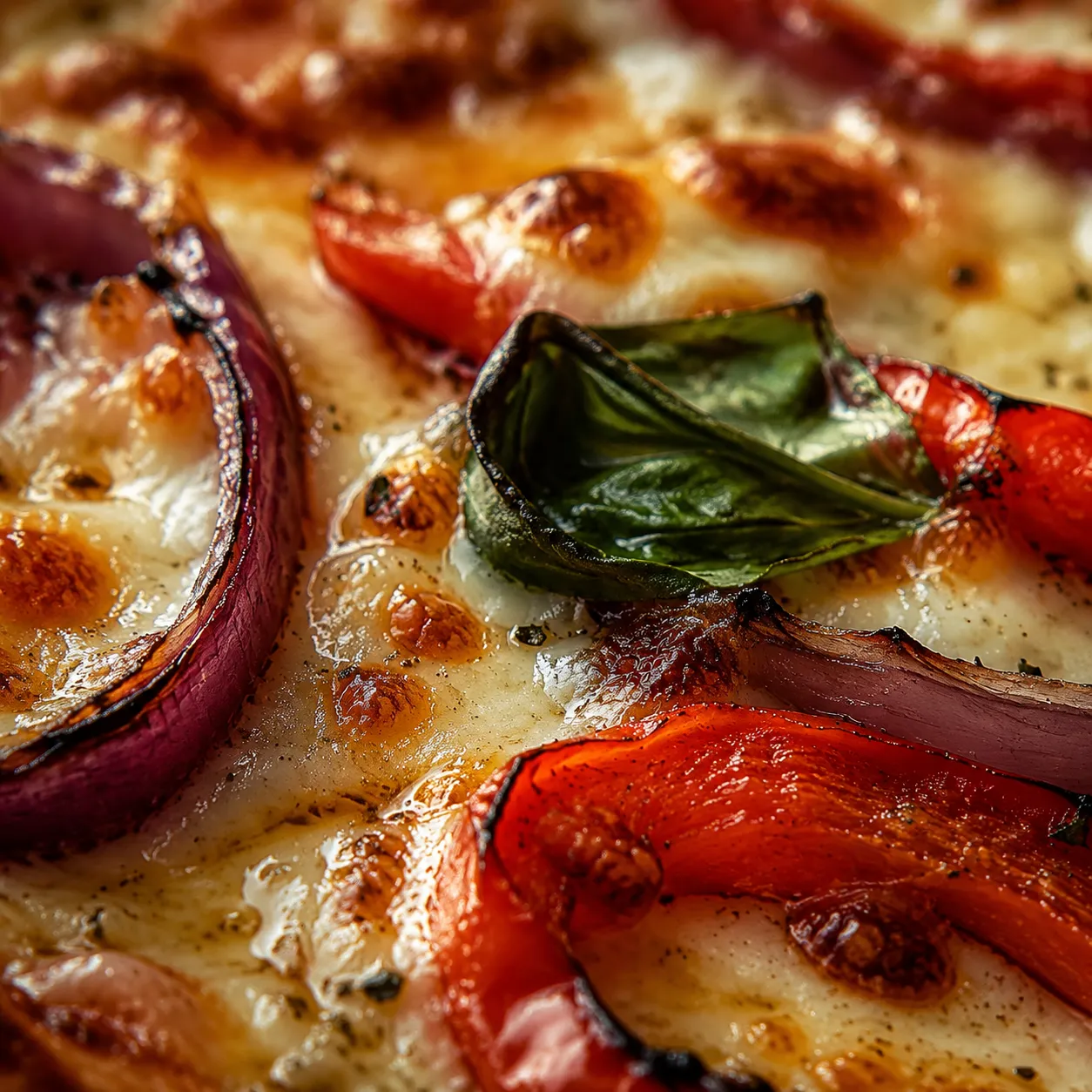 Macro close-up of bubbling cheese and roasted veggies on vegetarian pizza
