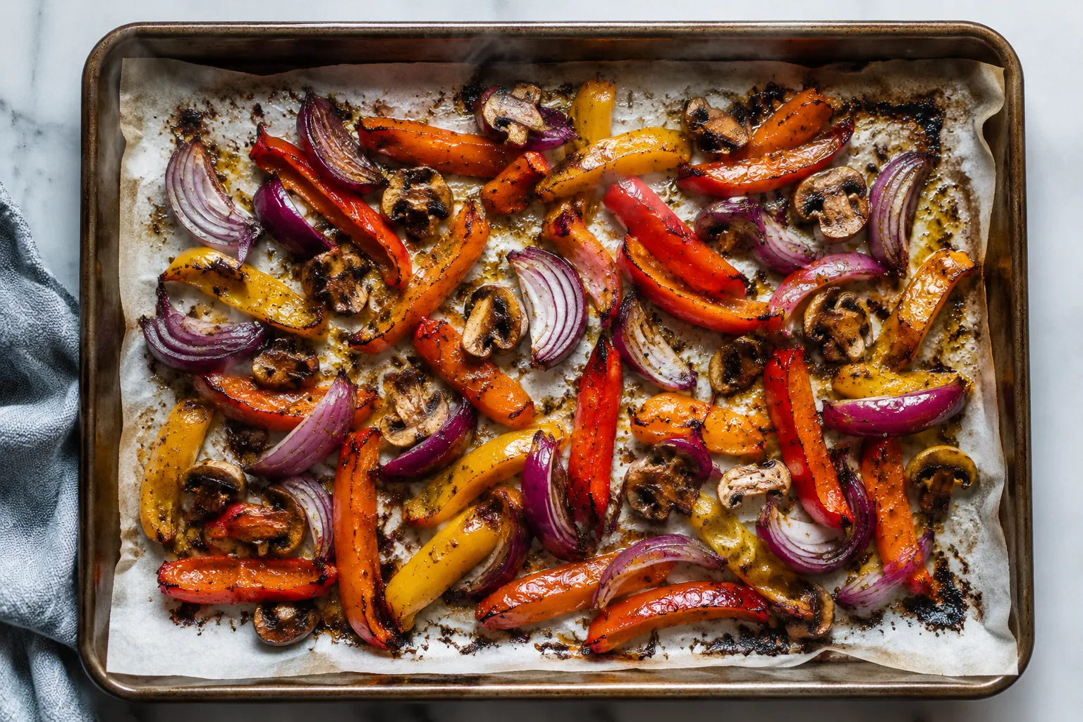 Pre-roasted vegetables on a sheet pan ready to top a veggie pizza