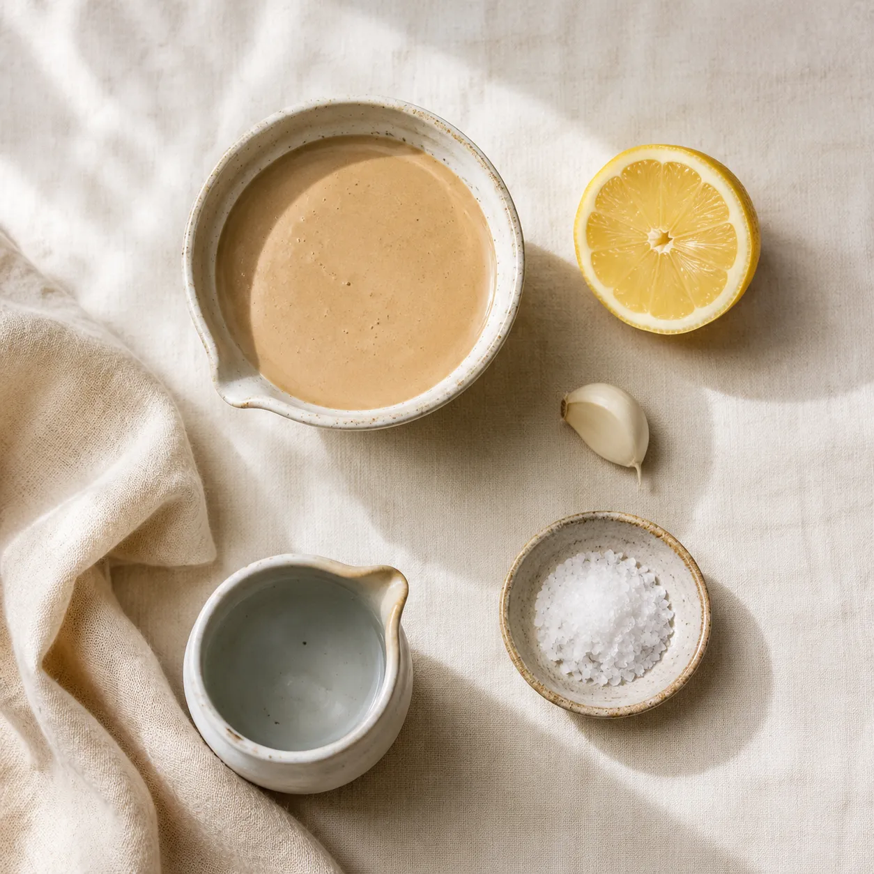 Tahini and lemon sauce ingredients flatlay with garlic and sea salt