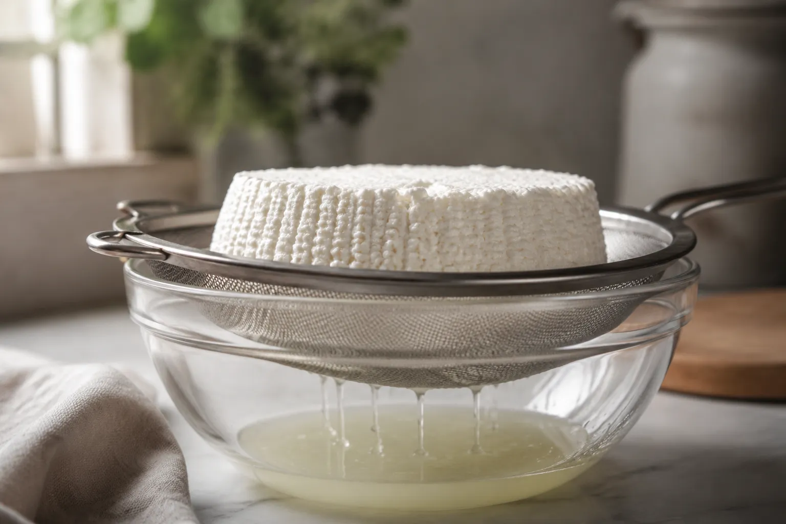 Draining ricotta cheese in a sieve before using in recipes