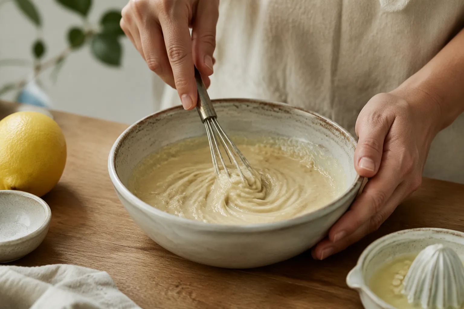 Whisking tahini and lemon juice together until it thickens