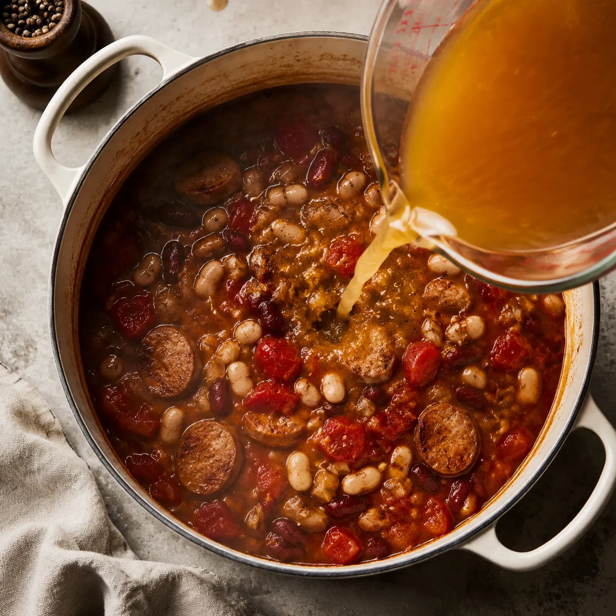 Adding broth to recipes with Italian sausage in a Dutch oven.