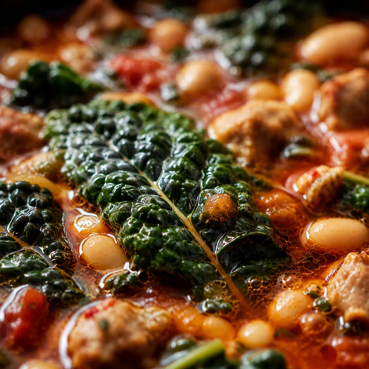 Kale wilting into Italian sausage soup close up.