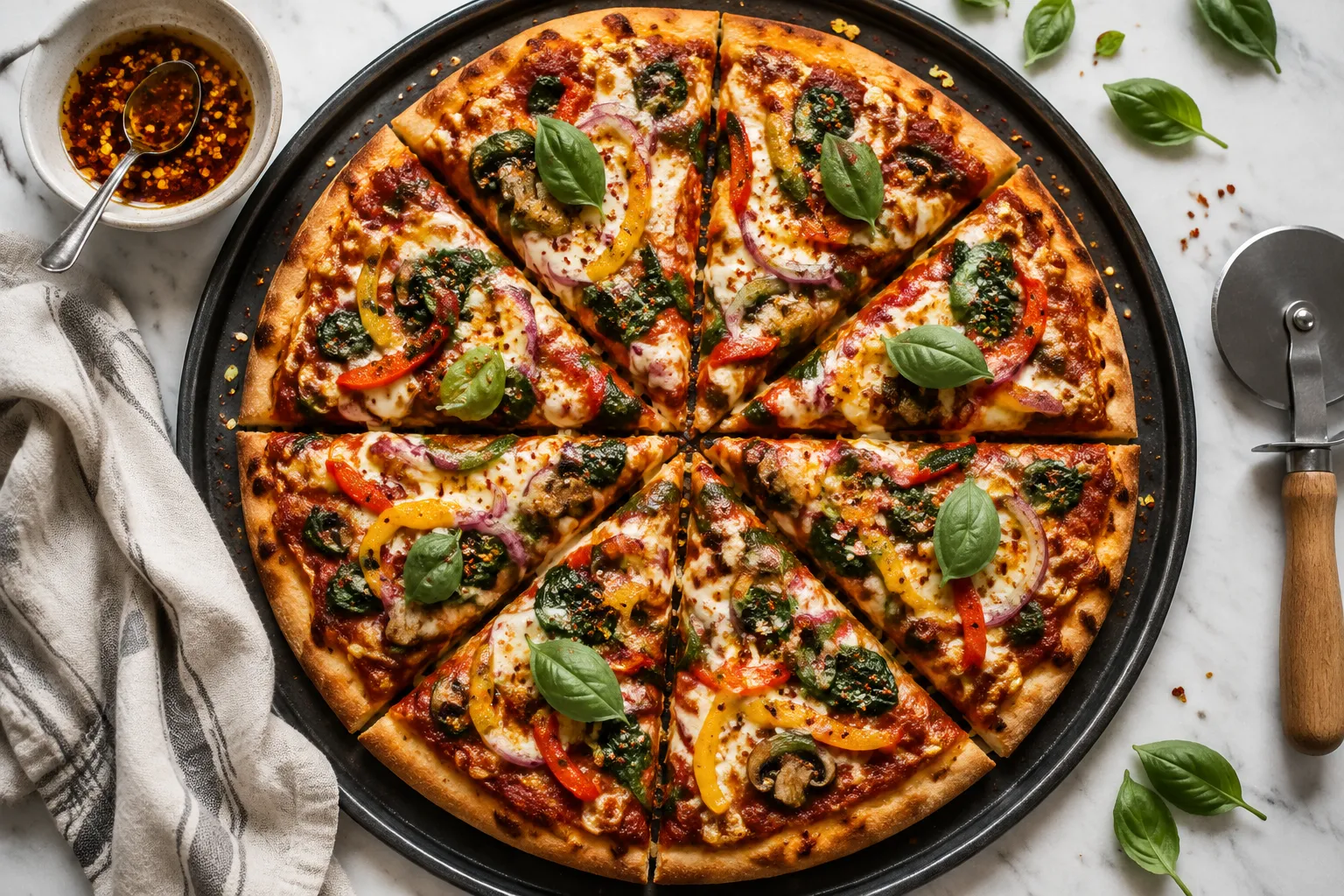Sliced veggie pizza recipe served on a round pan with fresh basil