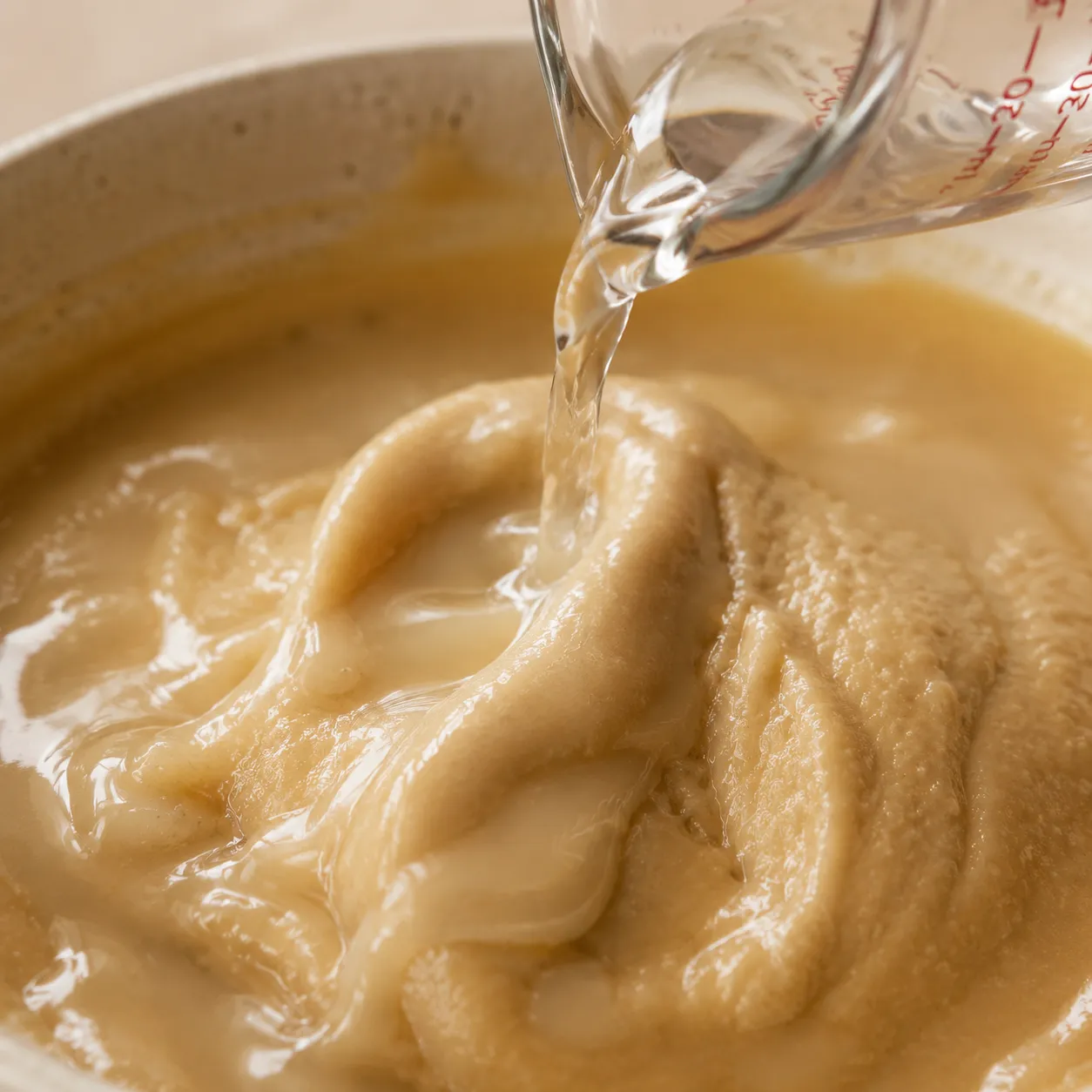 Adding cold water to tahini and lemon to create silky sauce