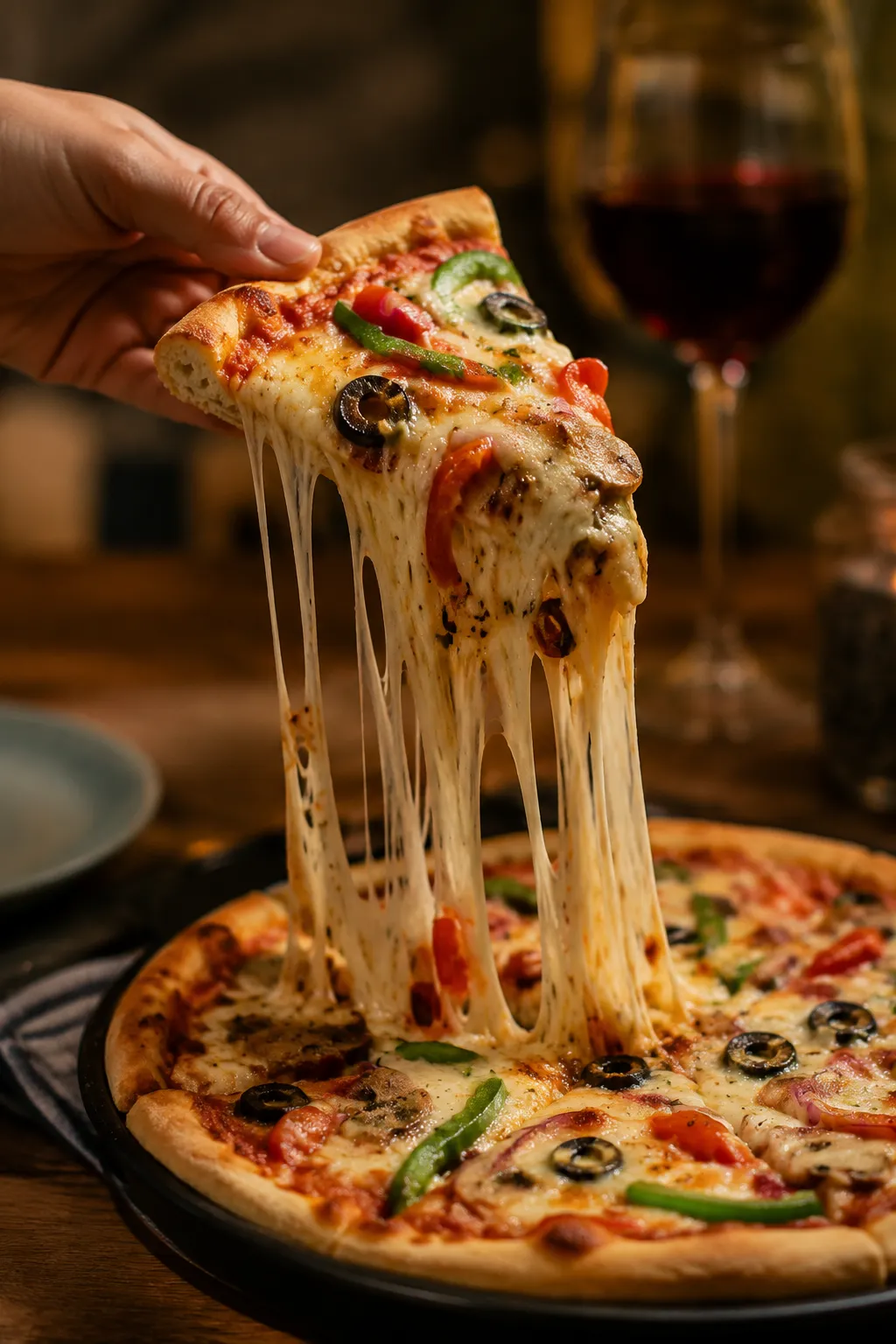 Slice of vegetarian pizza lifted with a long melty cheese pull