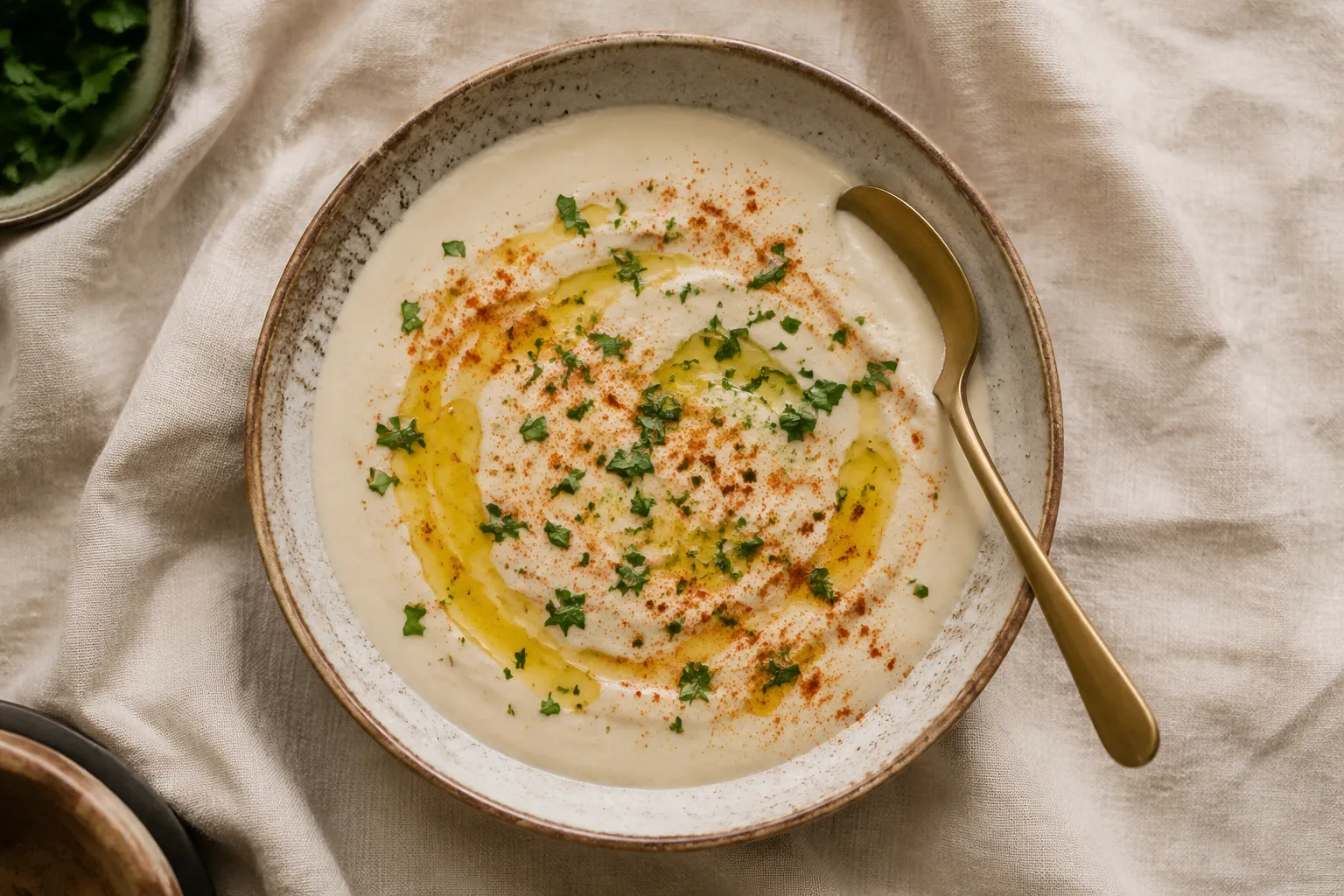 Bowl of creamy tahini and lemon garlic sauce ready to serve
