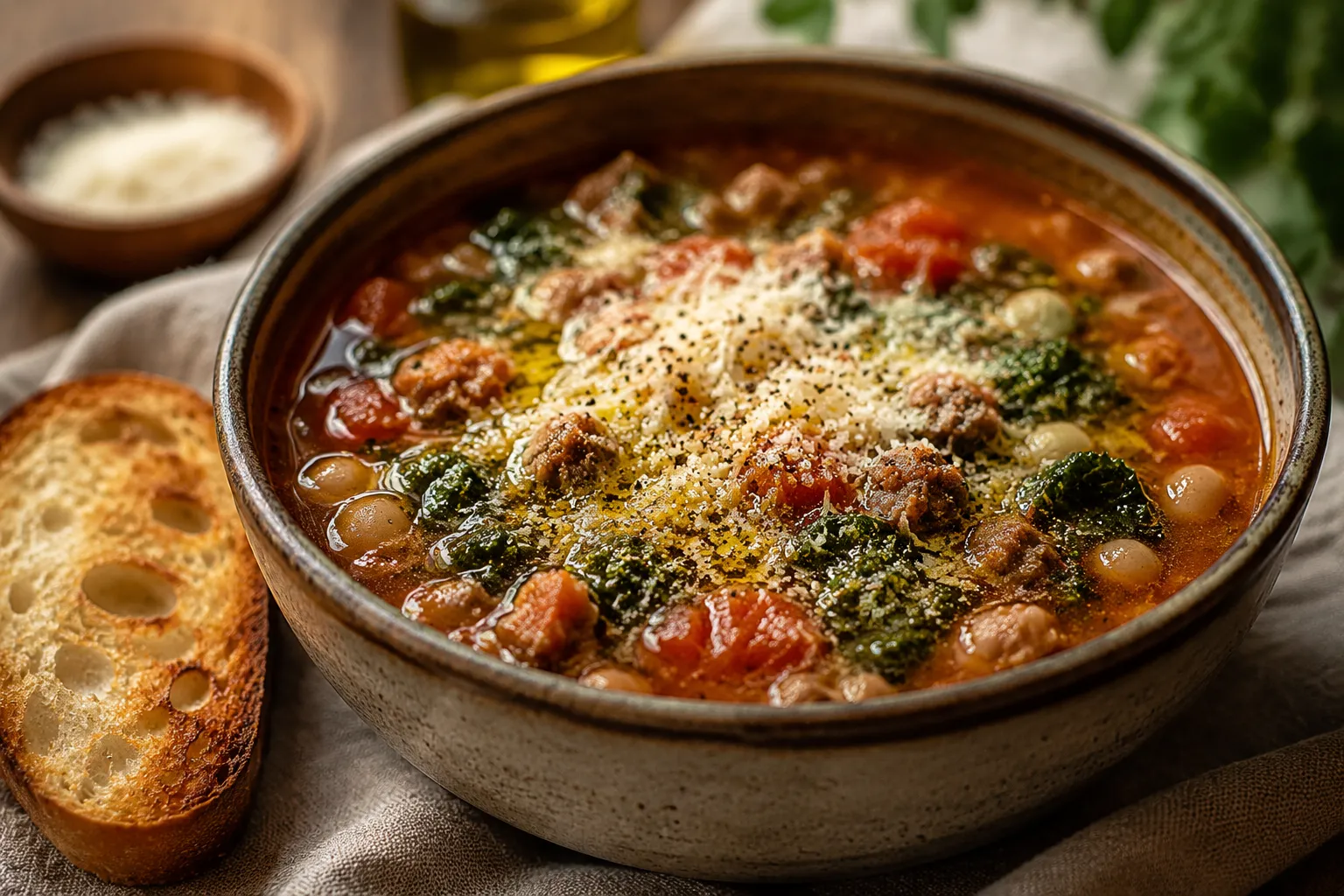 Italian sausage soup recipe served in a ceramic bowl with Parmesan.