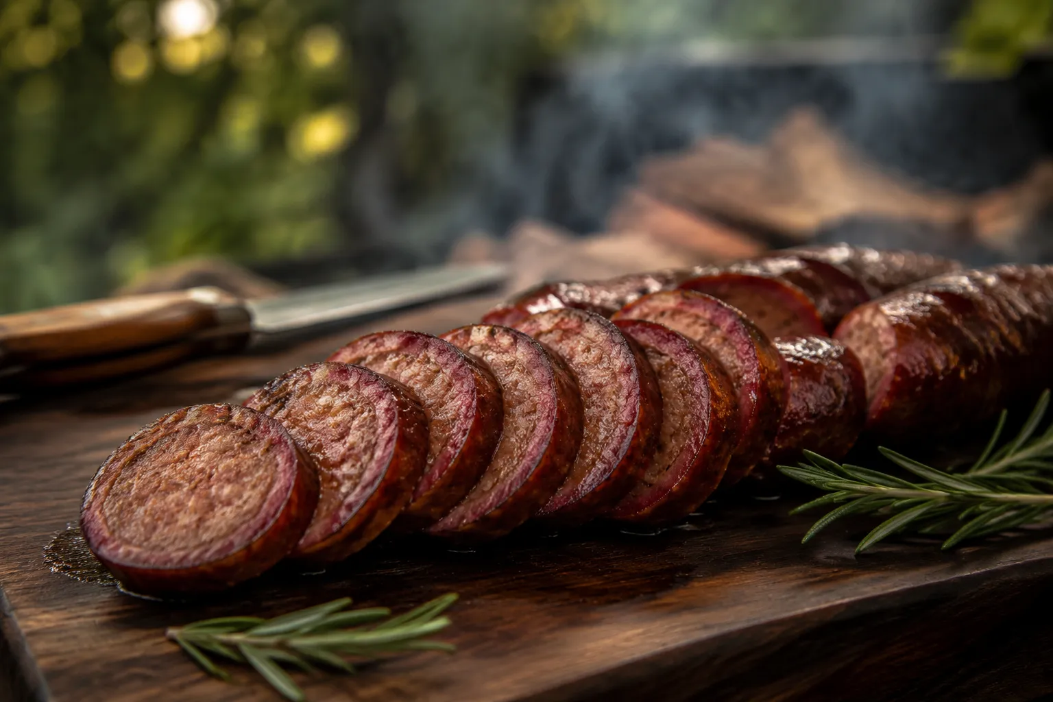 Smoked Italian sausage sliced on a cutting board with smoke ring.