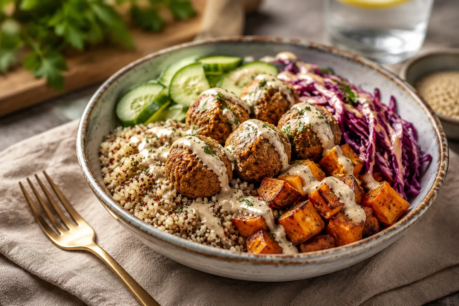 Tahini and falafel grain bowl with roasted vegetables and quinoa