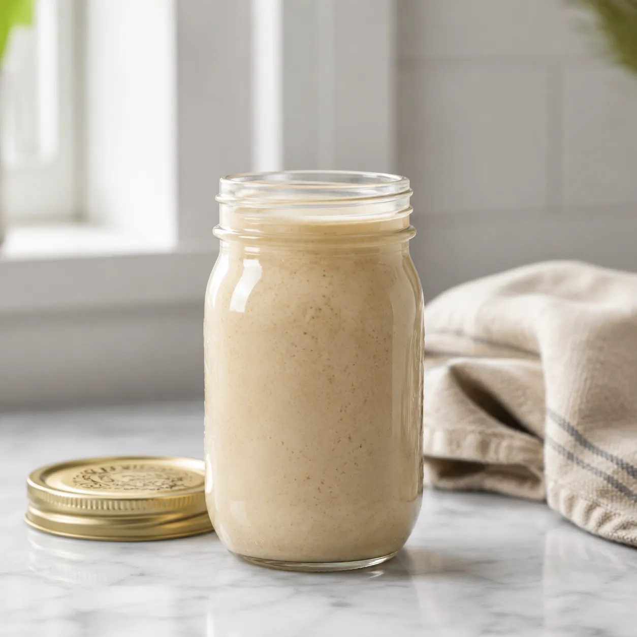 Storing leftover tahini and lemon sauce in a glass jar