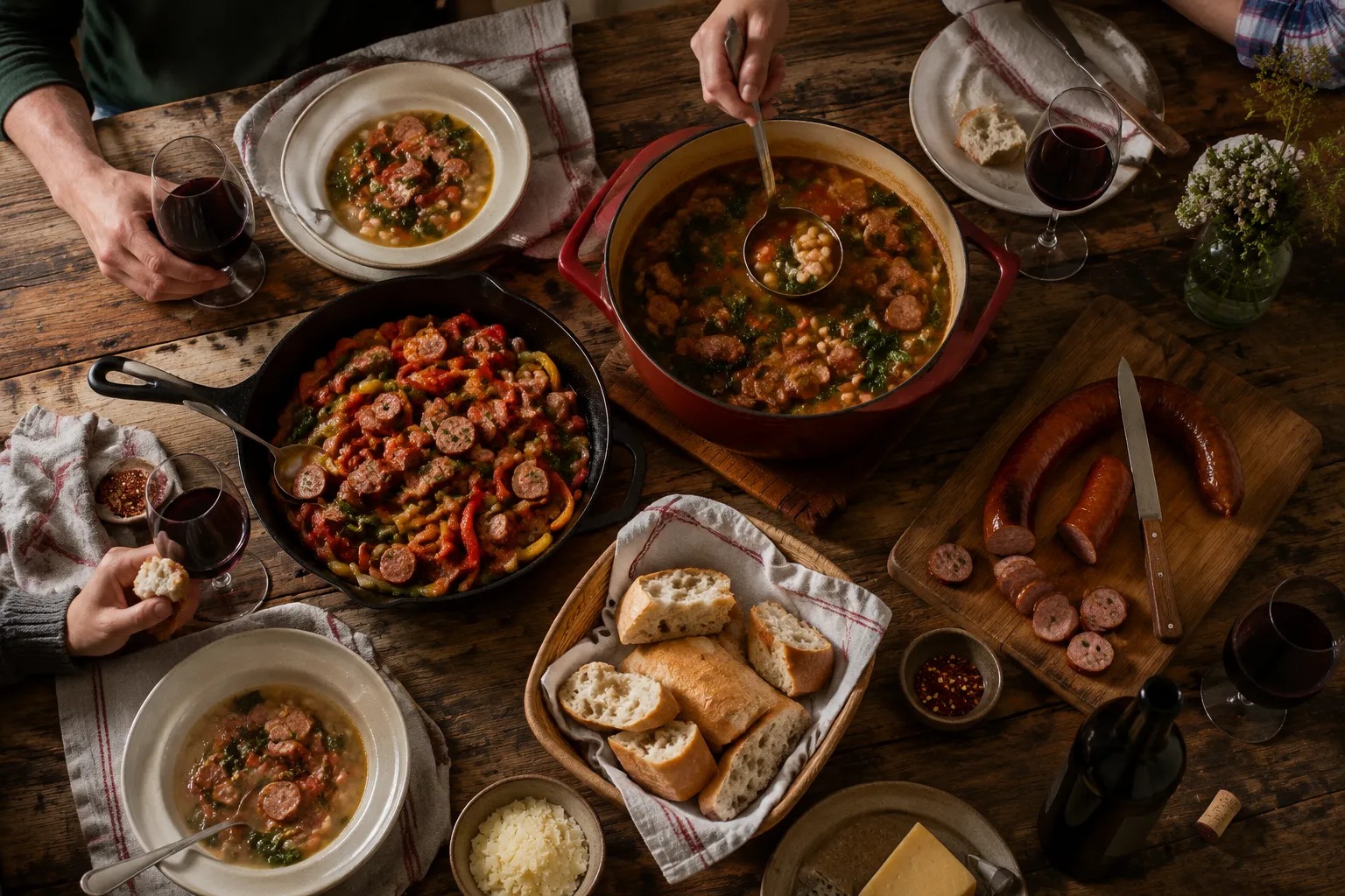 Recipes with Italian sausage served family style on a rustic table.
