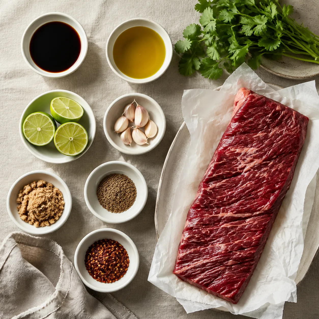 Skirt steak marinade ingredients flatlay with soy sauce, lime, garlic, and spices