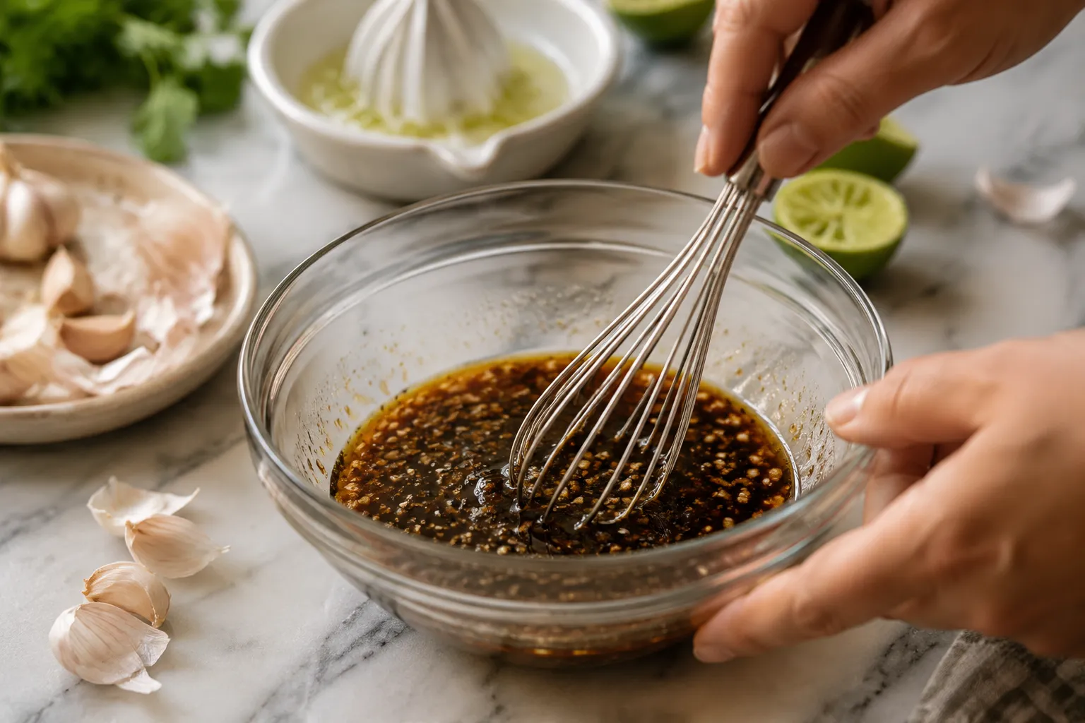 Whisking skirt steak marinade with soy, lime, and garlic in a glass measuring cup