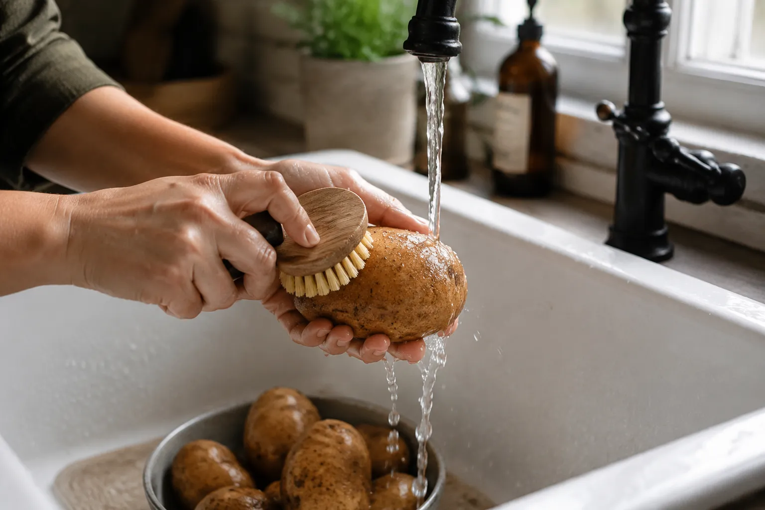 Scrubbing a russet potato before baking it in the oven