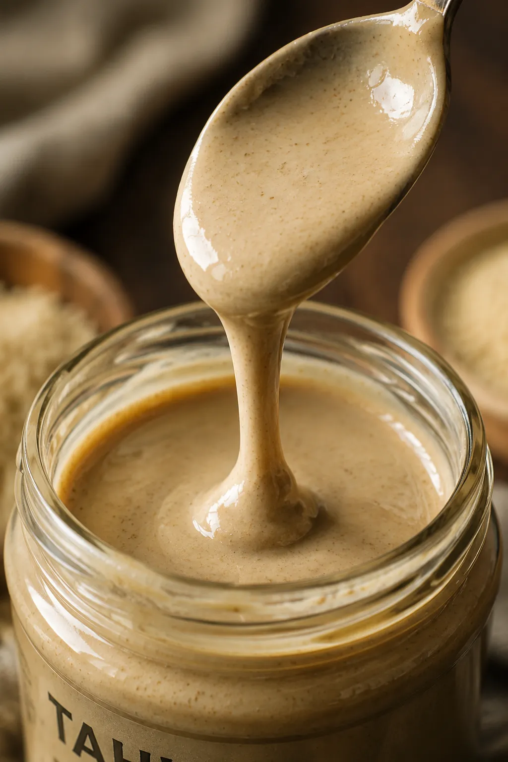Well-stirred tahini and its smooth pourable texture close-up
