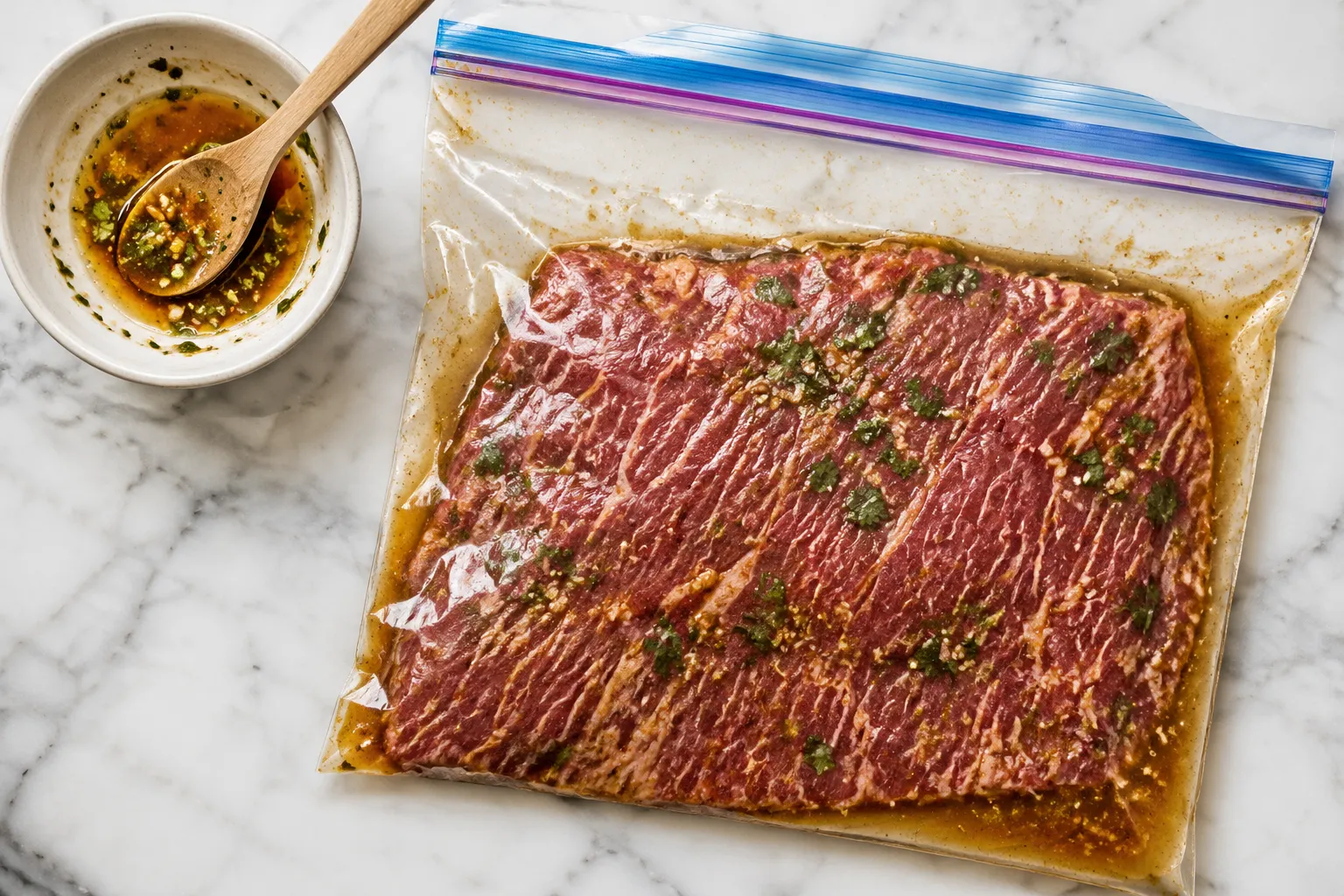 Marinating skirt steak in a zip-top bag with citrus garlic marinade