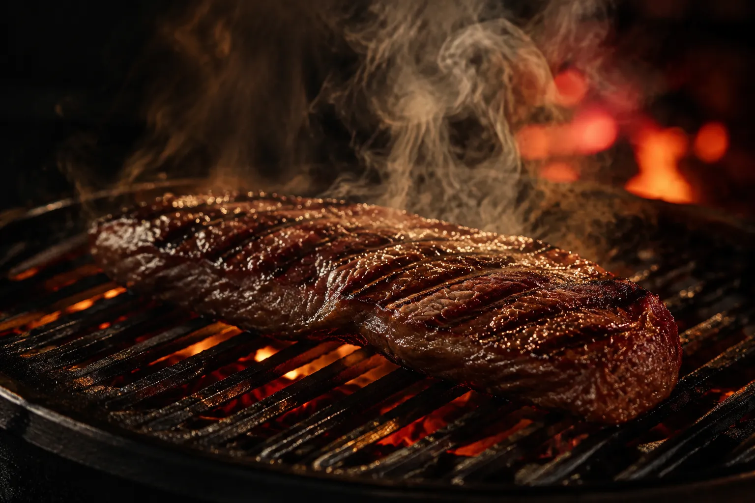 Grilled skirt steak searing on a hot grill with char marks and smoke