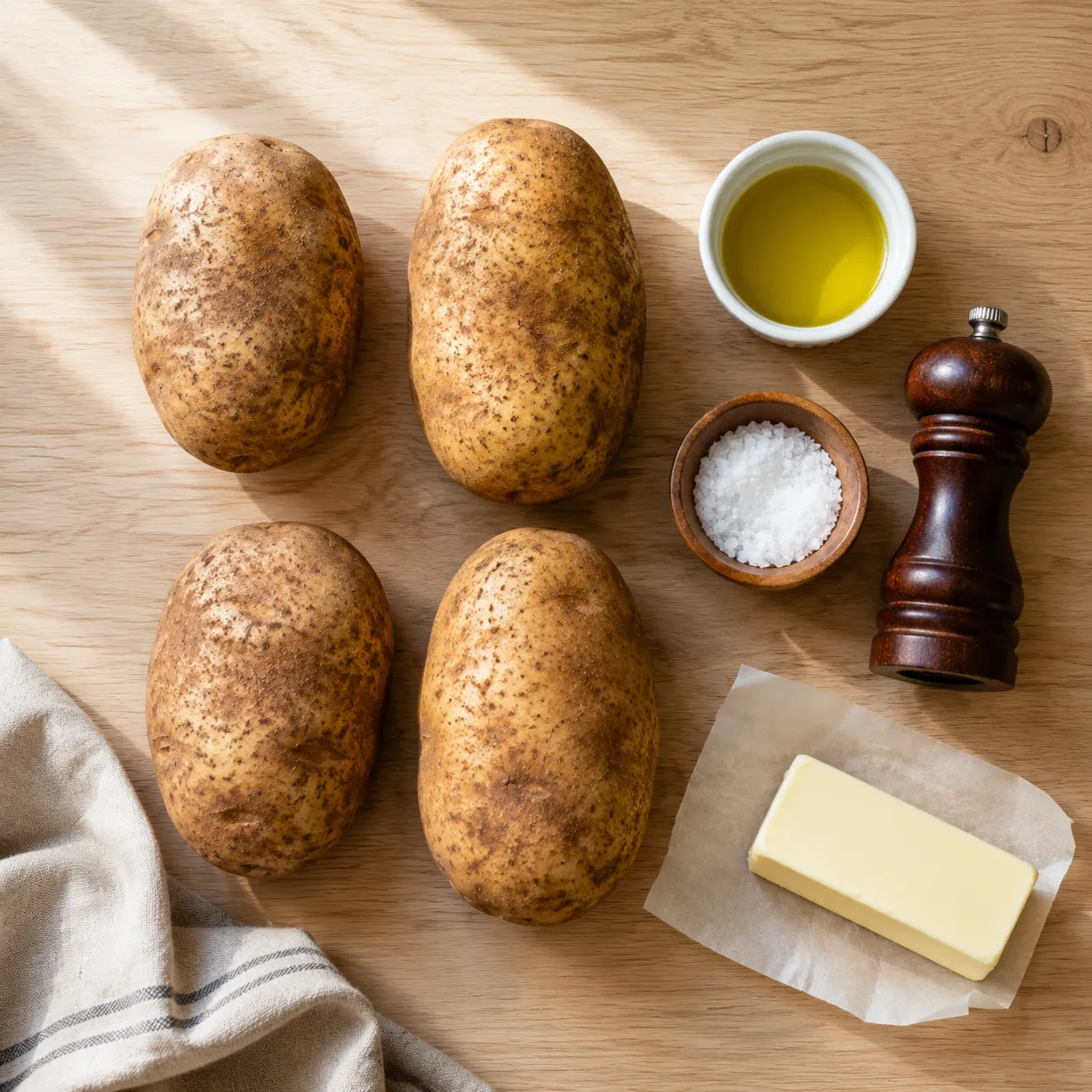 Ingredients for baked potatoes: russet potatoes, olive oil, kosher salt, butter