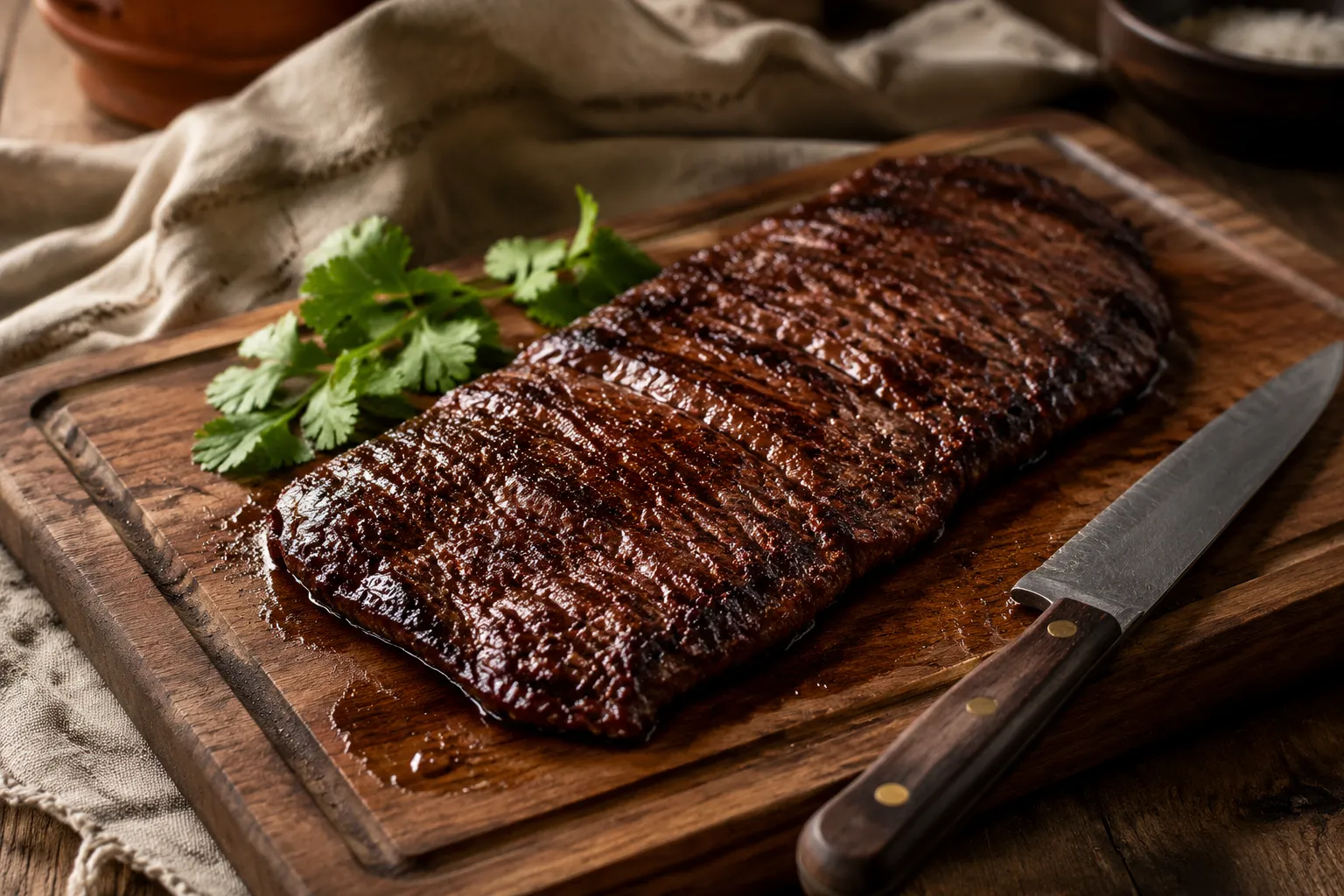 Grilled marinated skirt steak resting on a wooden cutting board