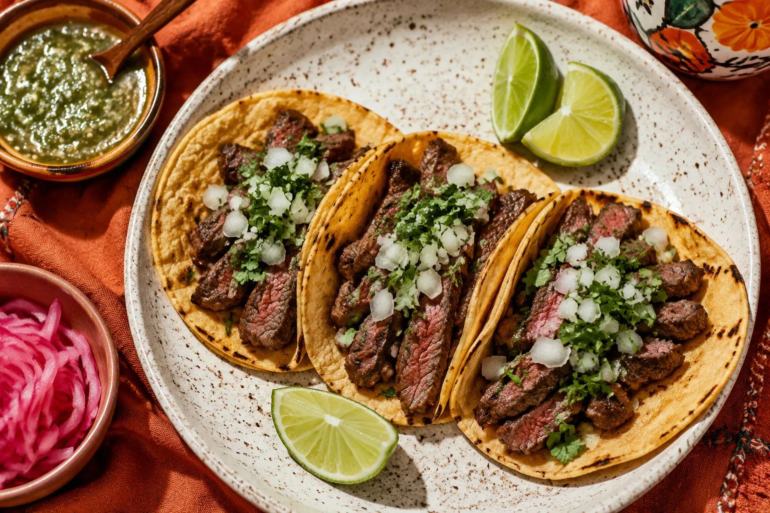 Skirt steak tacos with cilantro, onion, and lime made from marinated skirt steak