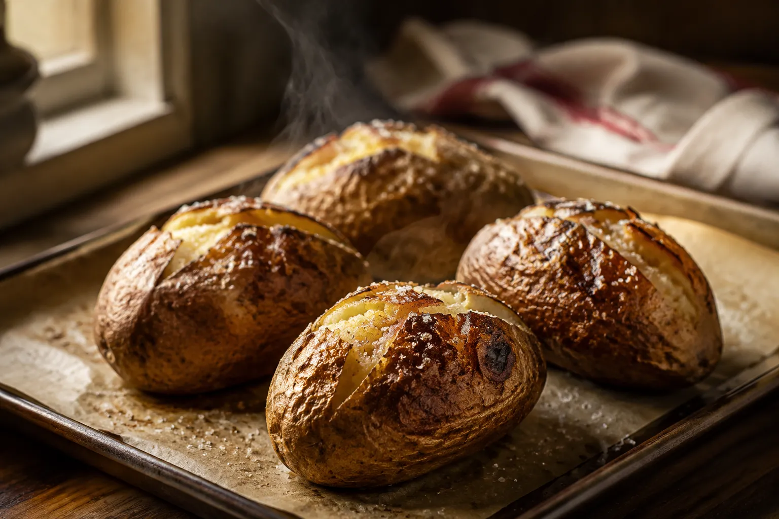 Finished baked potatoes with crispy salted skin on a sheet pan