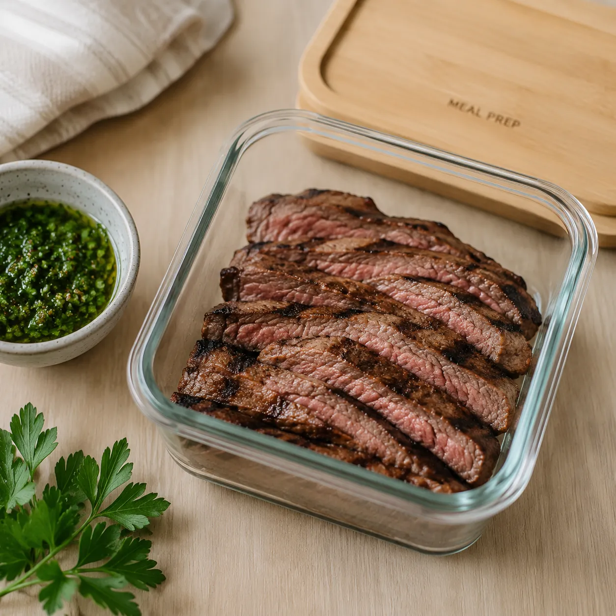 Leftover sliced skirt steak stored in a glass meal-prep container
