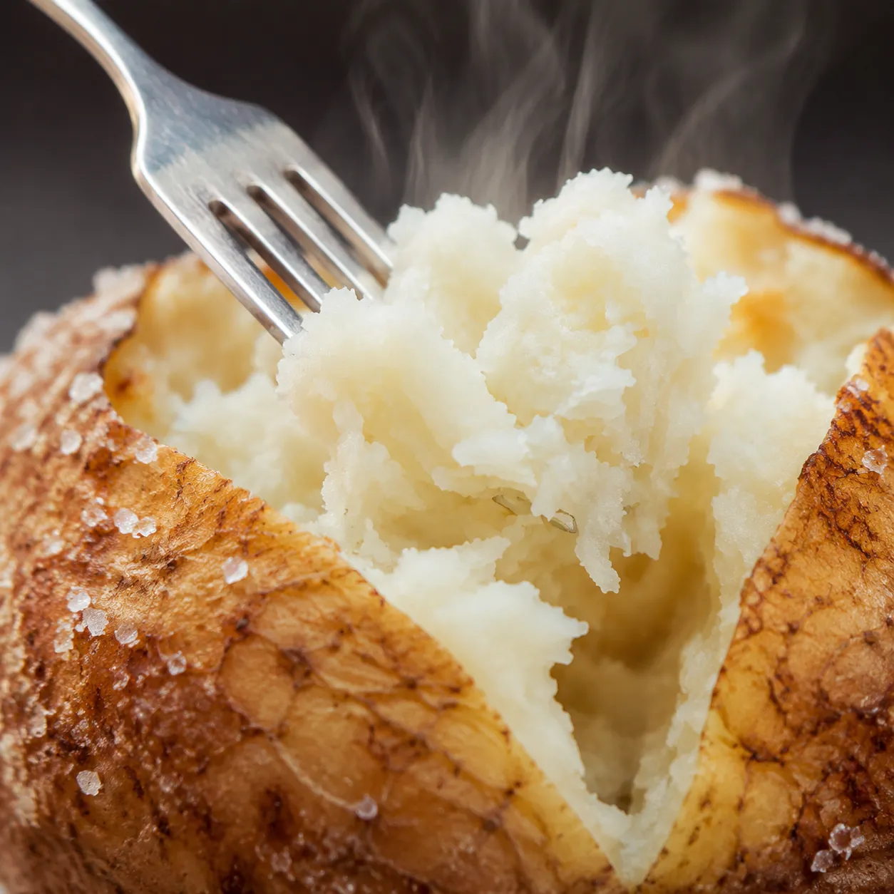 Fluffy inside of a baked potato split open with a fork