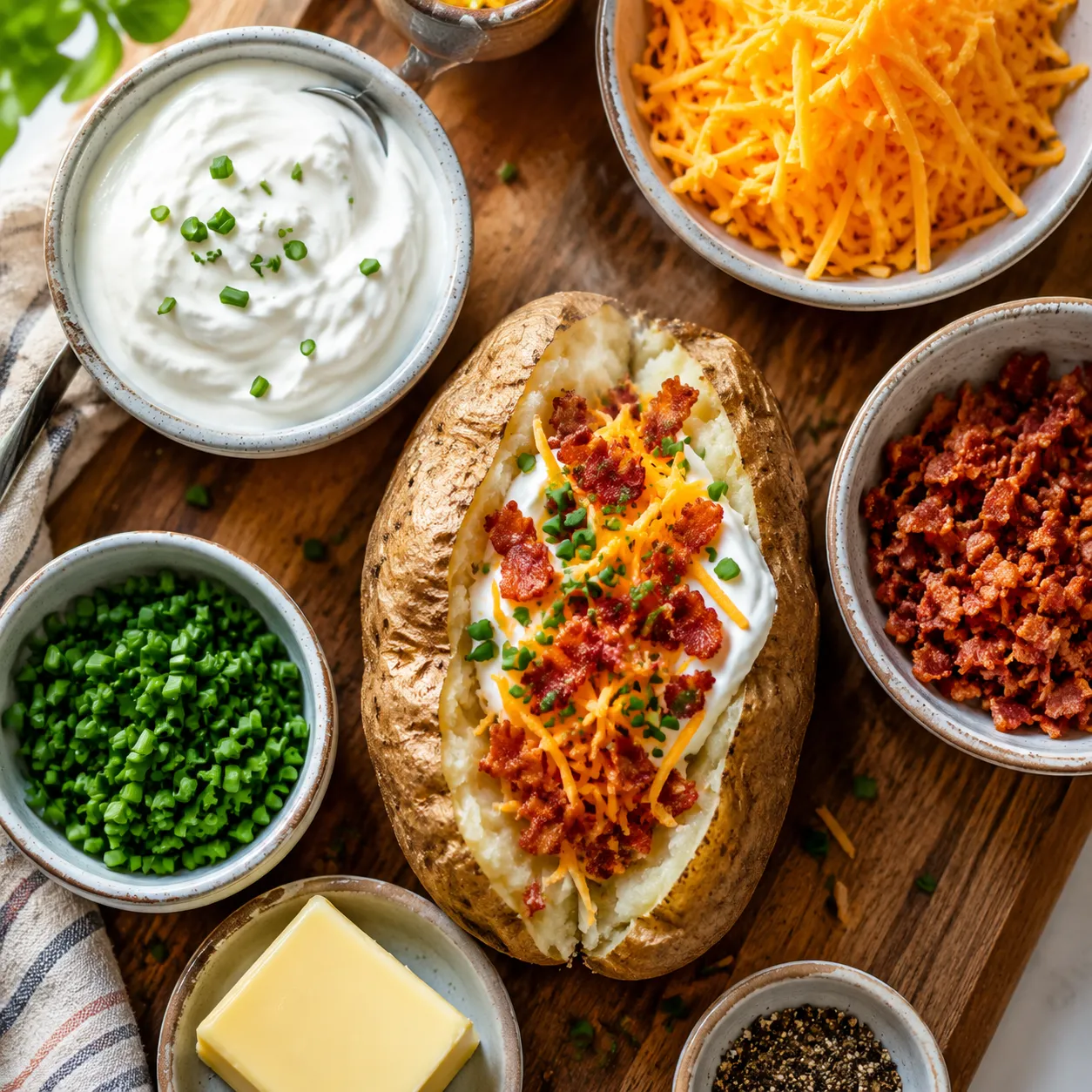 Loaded baked potato toppings: sour cream, cheddar, bacon, and chives