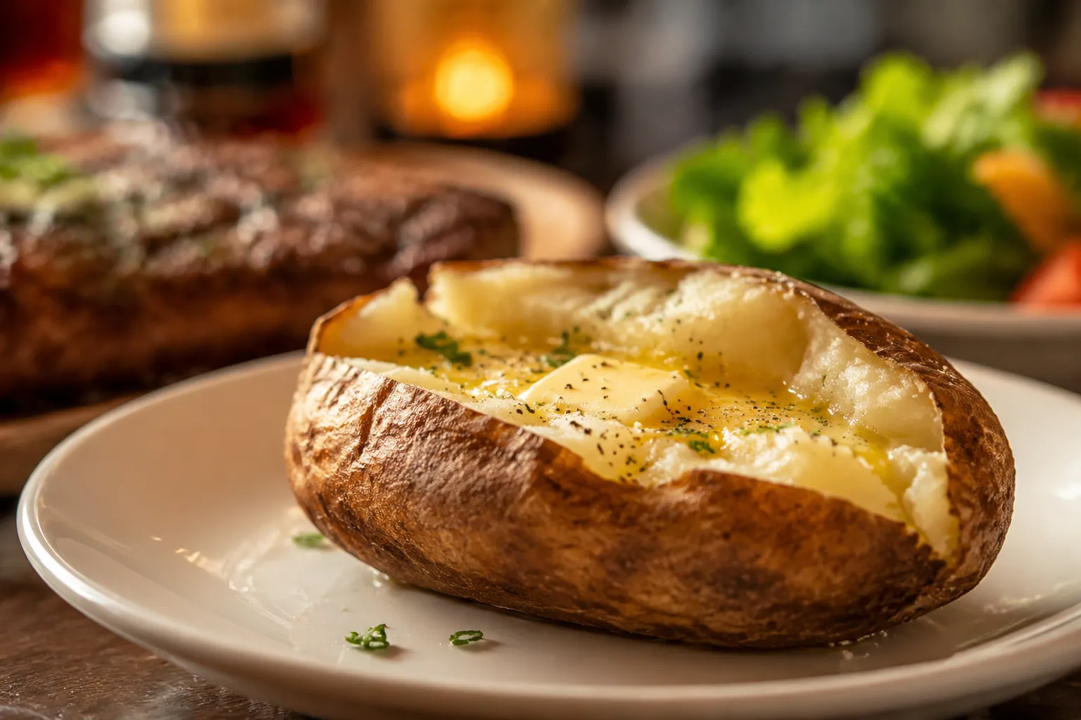 Baked potato served with melting butter alongside steak dinner