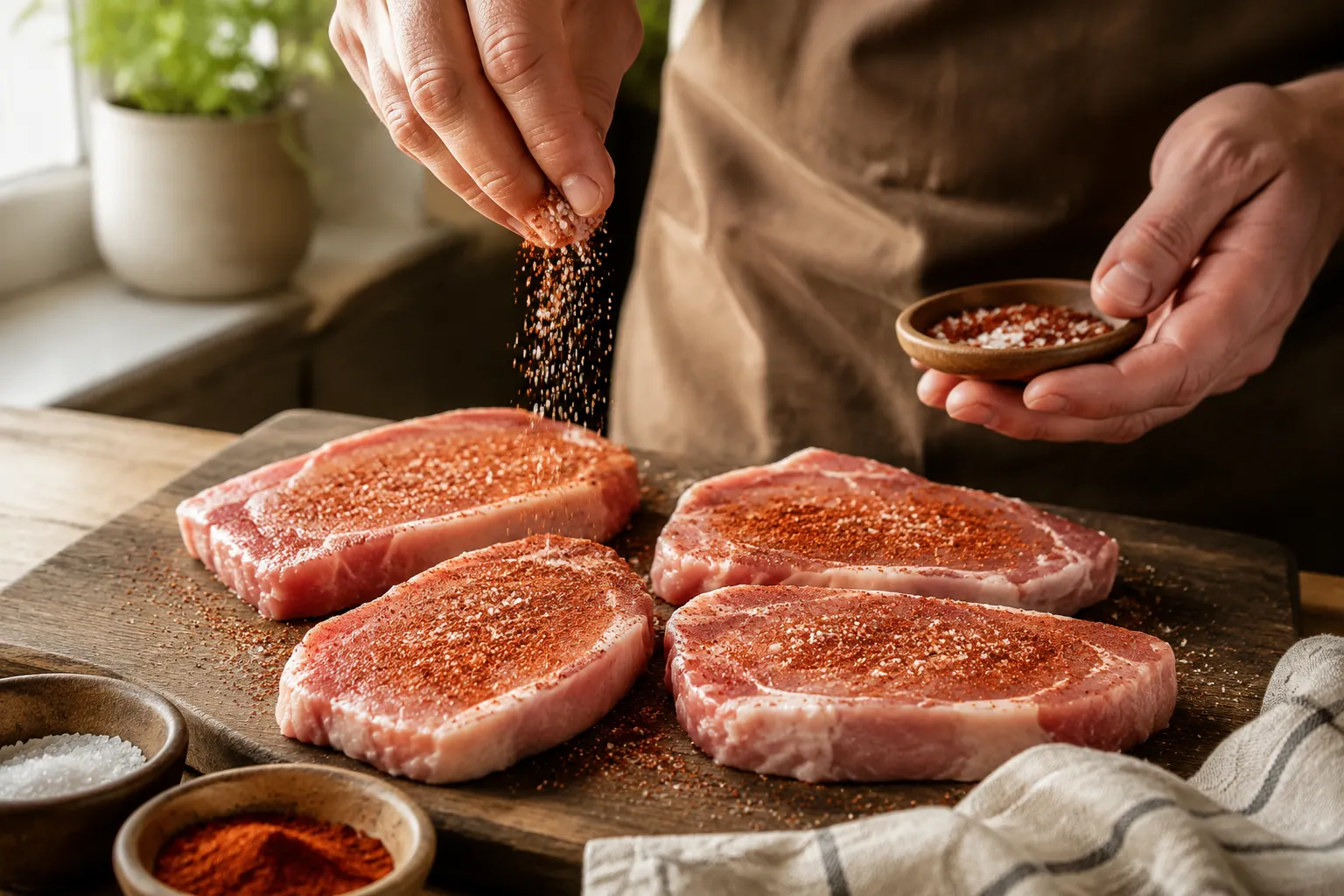 Seasoning boneless pork chops with dry rub before cooking