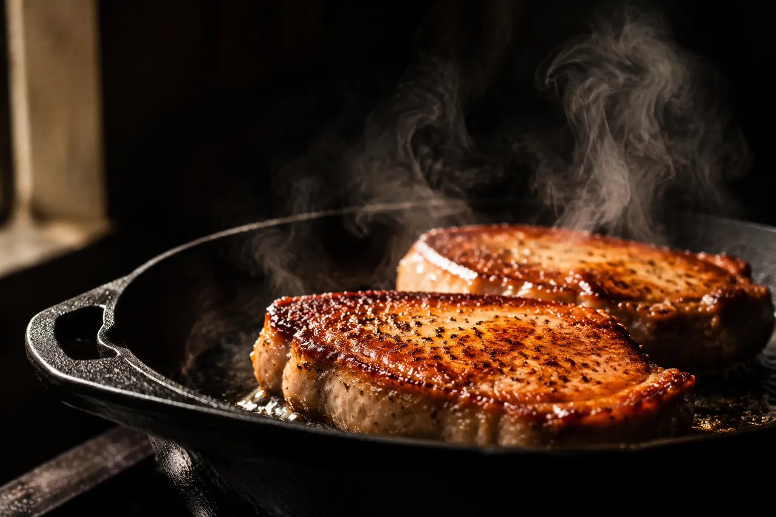 Pan-seared boneless pork chops developing a golden crust in a cast iron skillet