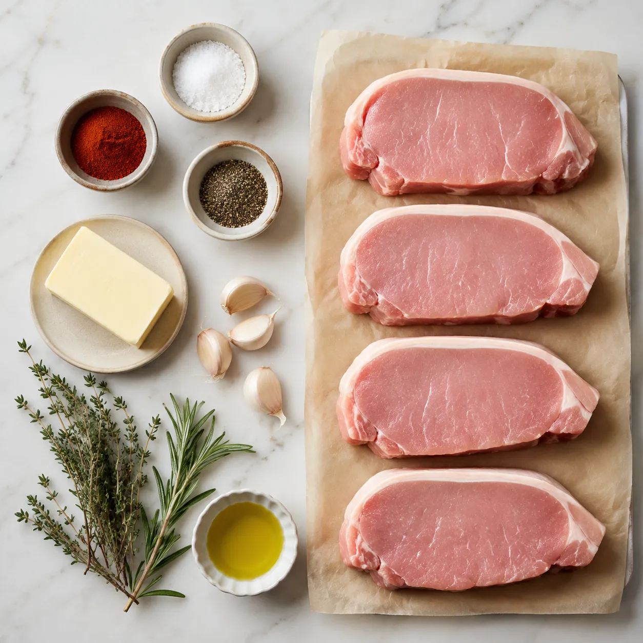 Ingredients flatlay for boneless pork chop recipes including herbs, butter, and spices