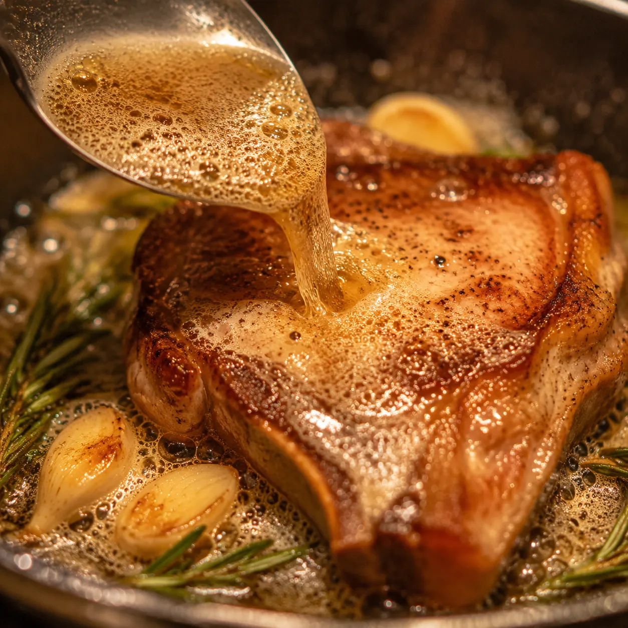 Butter basting boneless pork chops with garlic and rosemary