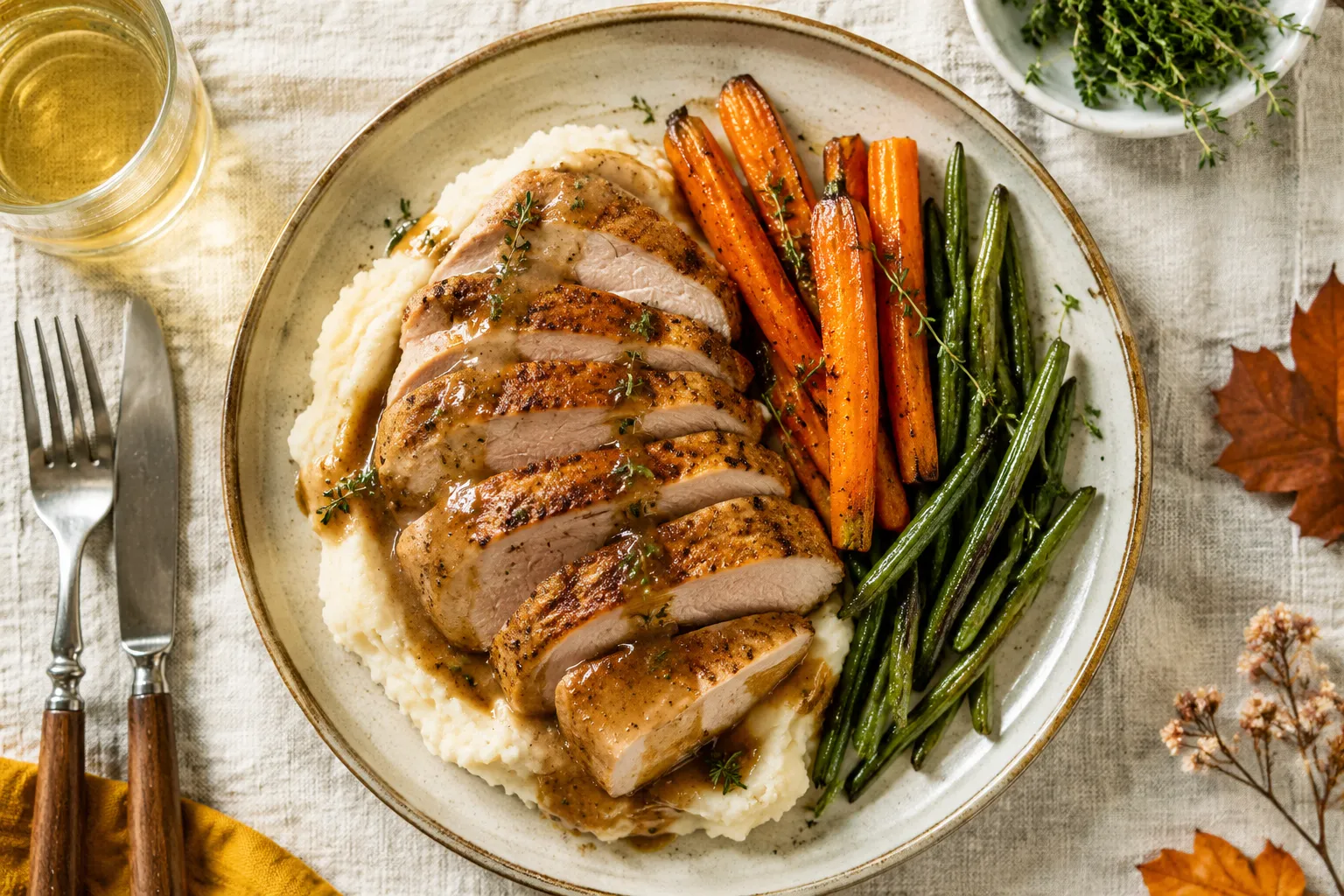 Plated boneless pork chop recipe with mashed potatoes and roasted vegetables