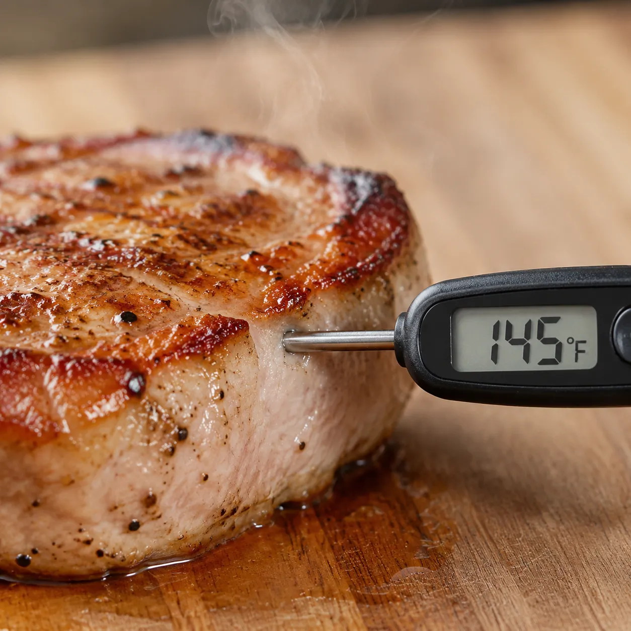 Checking boneless pork chop internal temperature at 145°F with a meat thermometer