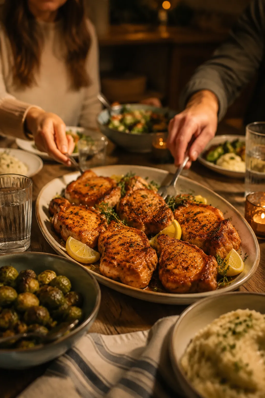 Family-style platter of boneless pork chops served for dinner