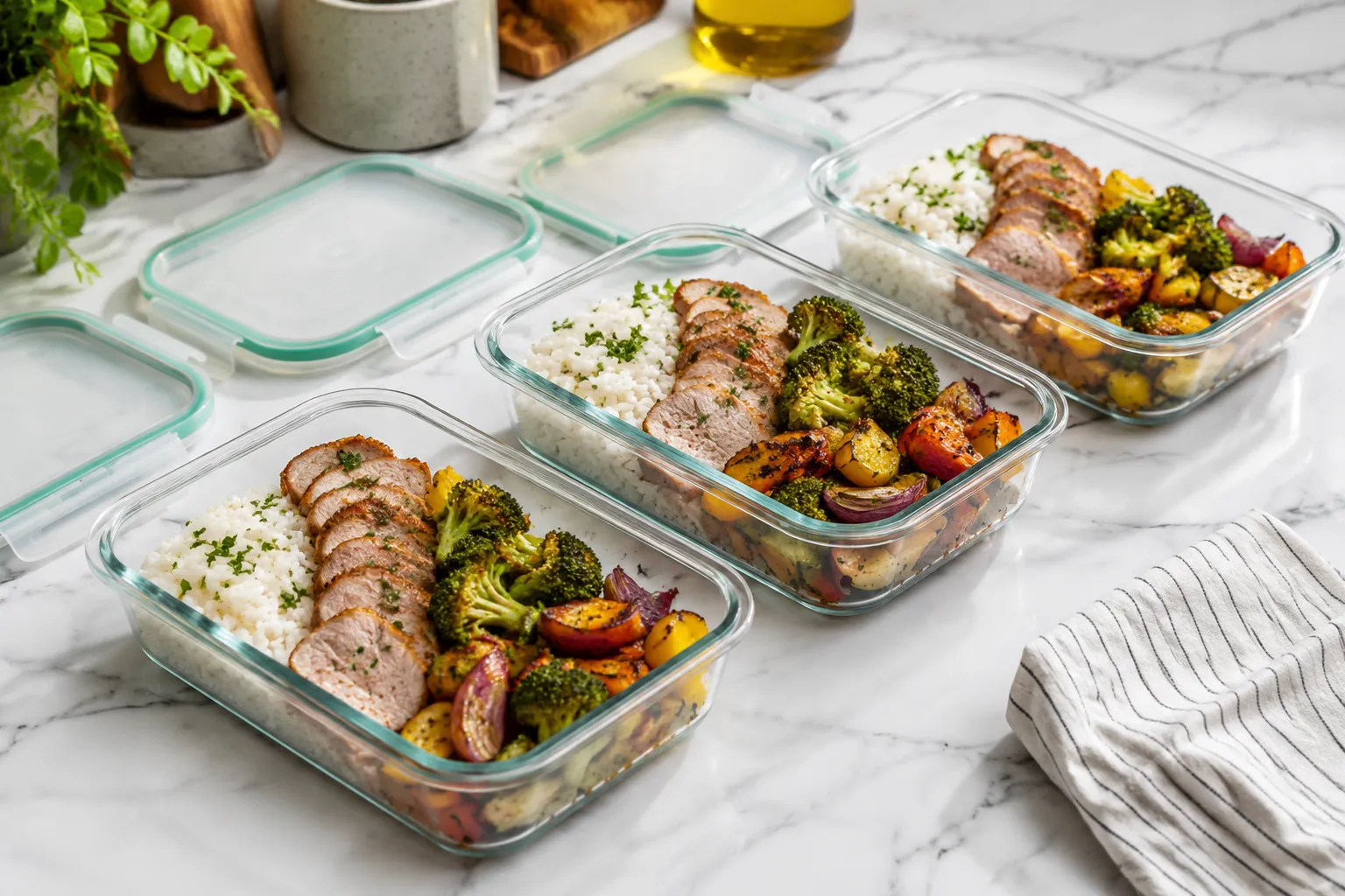 Leftover boneless pork chops stored in glass meal prep containers with rice and vegetables