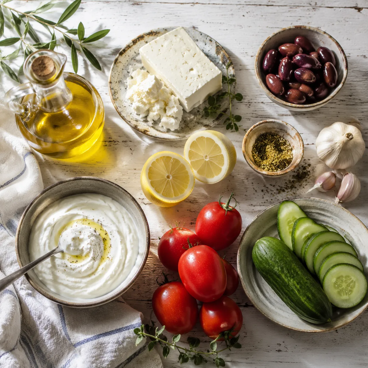Greek food ingredients flatlay with olive oil, feta, lemons, olives, and oregano
