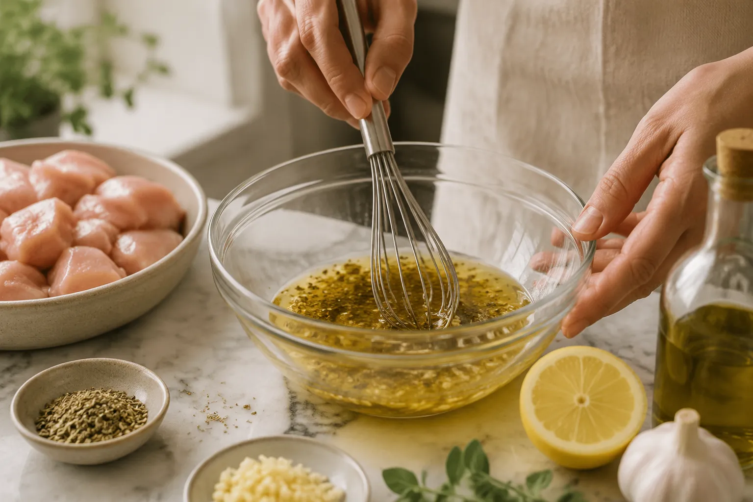 Whisking lemon and oregano marinade for Greek chicken souvlaki