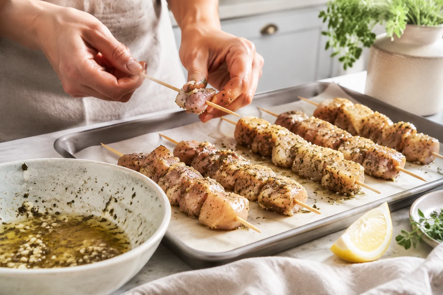Threading marinated chicken souvlaki onto wooden skewers