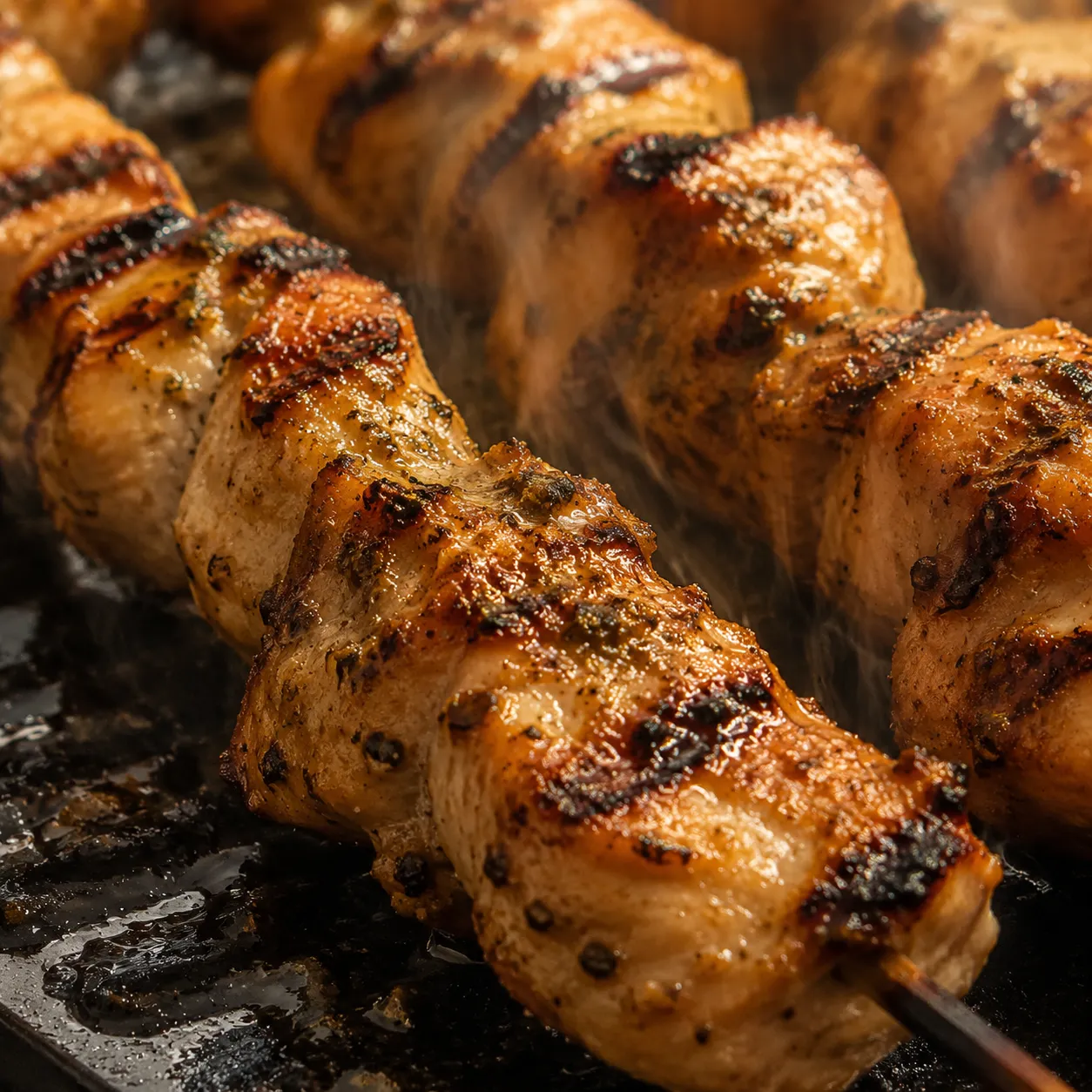 Close-up of grilled Greek chicken souvlaki with char marks and steam