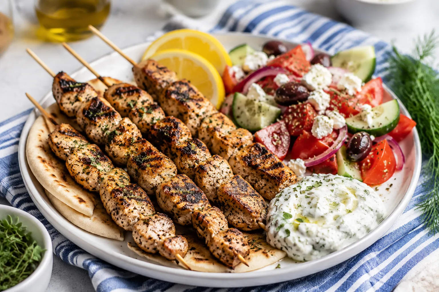 Greek souvlaki platter with tzatziki, pita, and Horiatiki salad