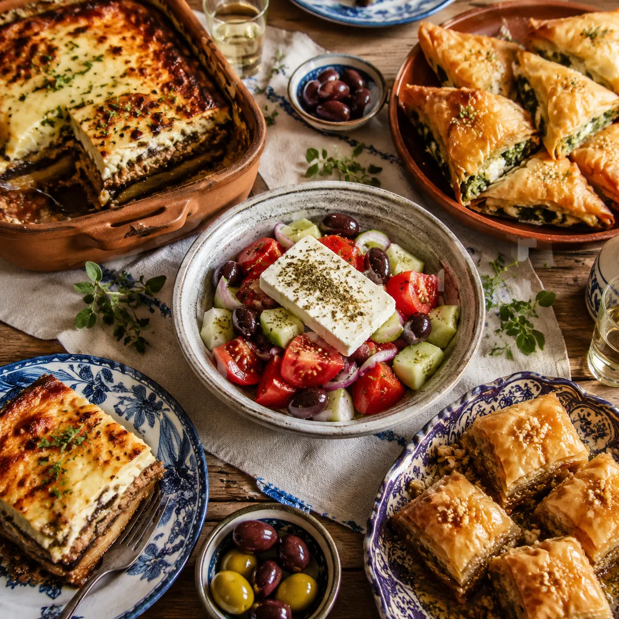 Traditional Greek dishes including moussaka, spanakopita, Greek salad, and baklava
