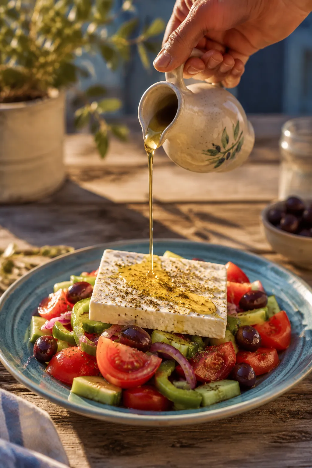 Drizzling olive oil over feta and Greek salad