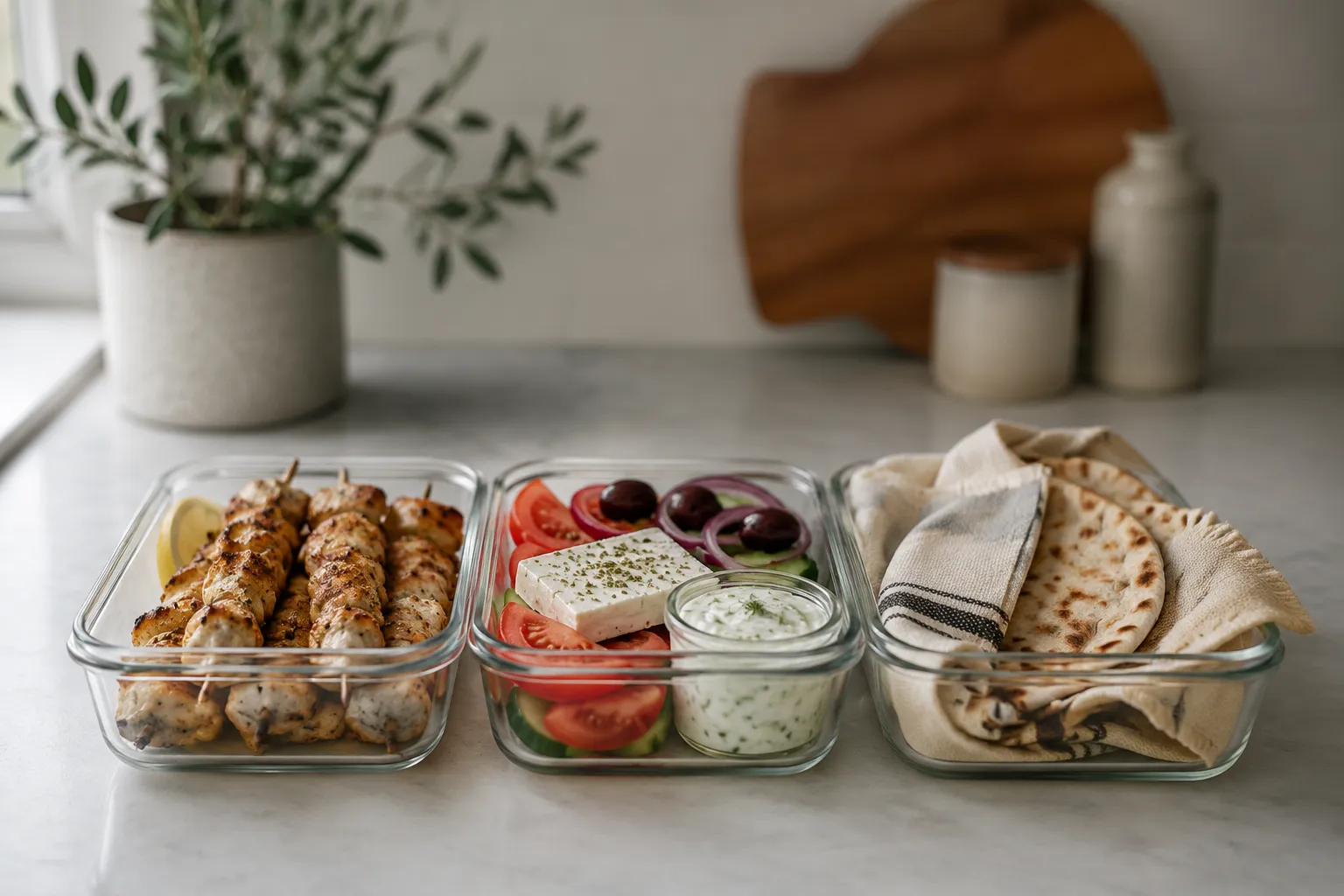 Greek food meal prep containers with souvlaki, salad, and tzatziki