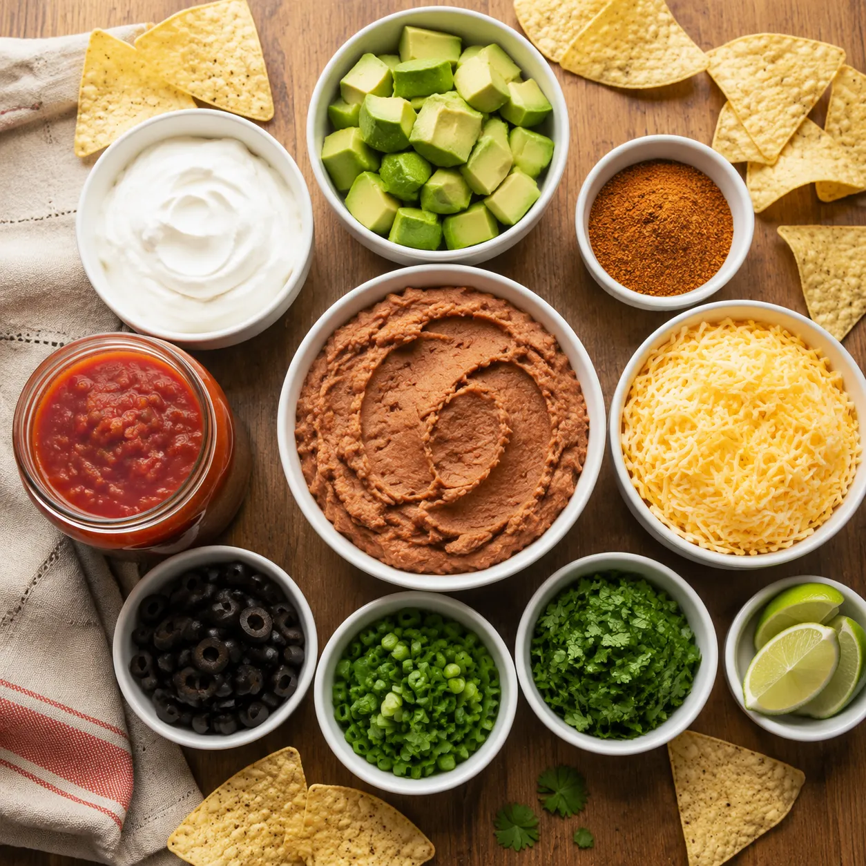 7 layer dip ingredients flatlay with beans, guacamole, sour cream, salsa, and cheese